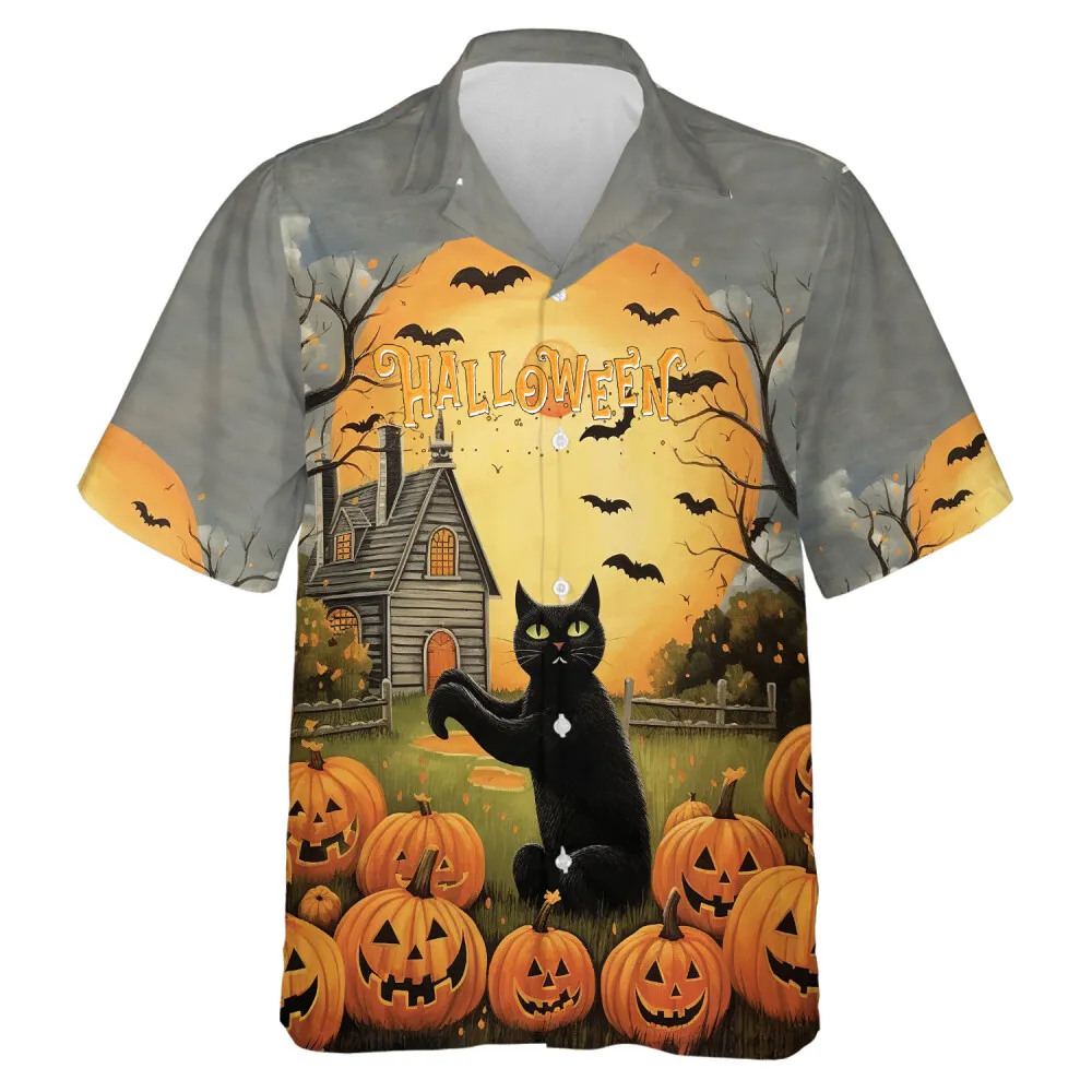 Scary Black Cat In Pumpkin Garden Men Hawaiian Shirt, Halloween Inspired Designed Shirt, Spooky Bat Patterned Hawaii Shirt, Halloween Shirt