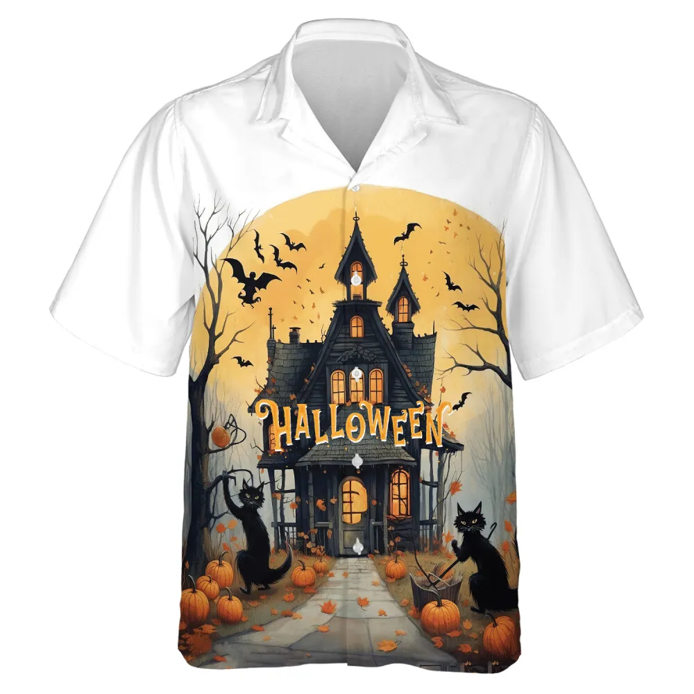 Halloween Black Cat Hawaiian Shirt, Guarding Cat Aloha Button Down Shirt, Witch House Halloween Clothing, Spooky Forest With Pumpkin