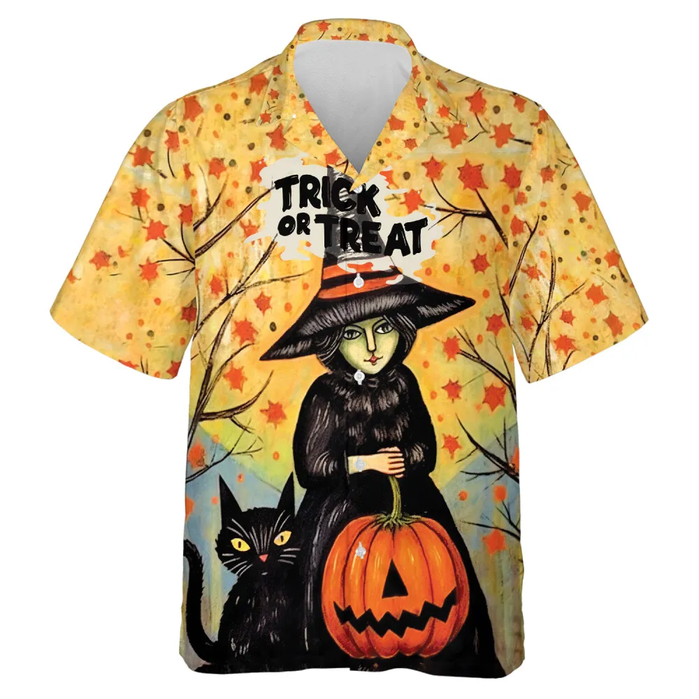 Green Witch With Pumpkin Lantern Halloween Hawaiian Shirt, Scary Black Cat Aloha Button Down Shirts, Halloween Disguise Party Shirt For Guest