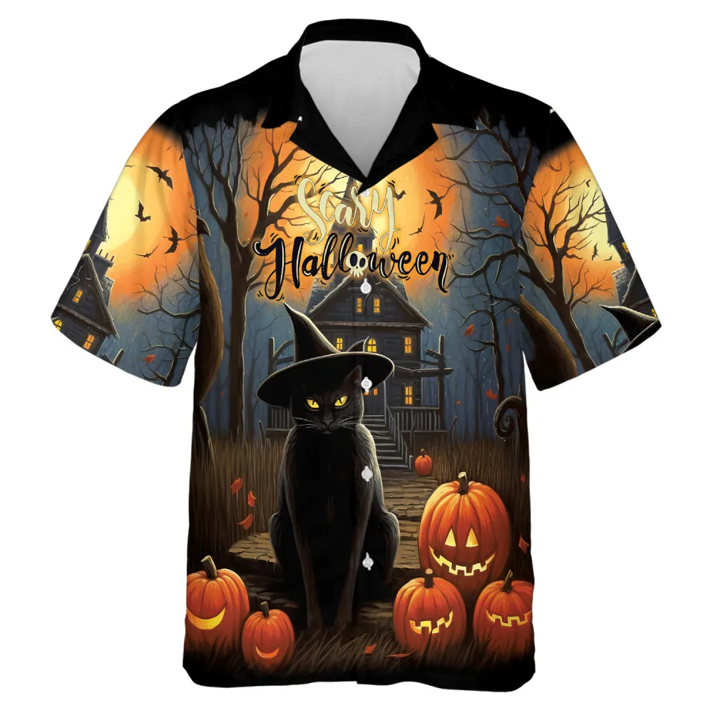 Staring Yellow Eye Black Cat Men Aloha Shirt, Halloween Night Guardian Printed Button Down Shirts, Shining Moon Lover Gift, Horror Haloween Clothing