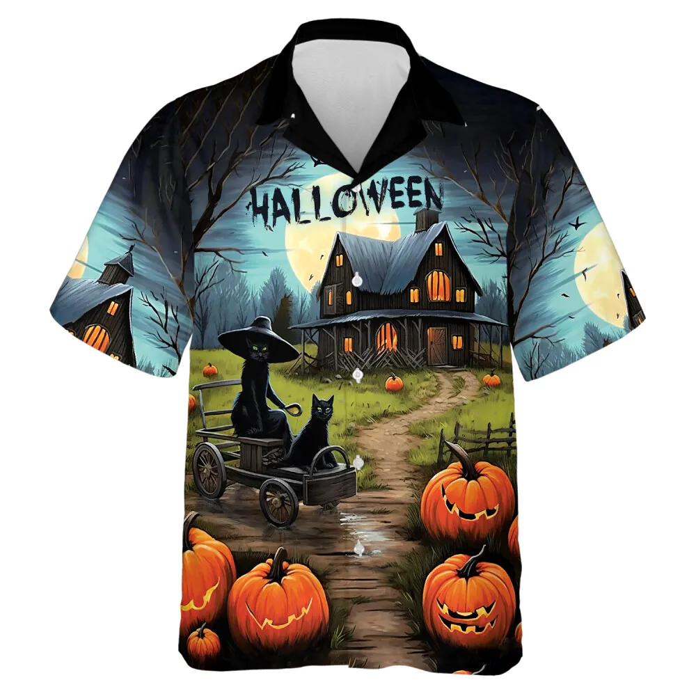 Impersonalized Black Cats Wear Hat Men Hawaiian Shirt, Scary Green Halloween Eyes Button Down Shirts, Spooky Forest With Witch House Shirt