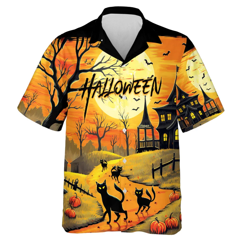 Spooky Cat Garden Men Aloha Shirt, Empty Branch Tree Button Down Shirts, Halloween Designed Shirt, Horror Witch House Gift