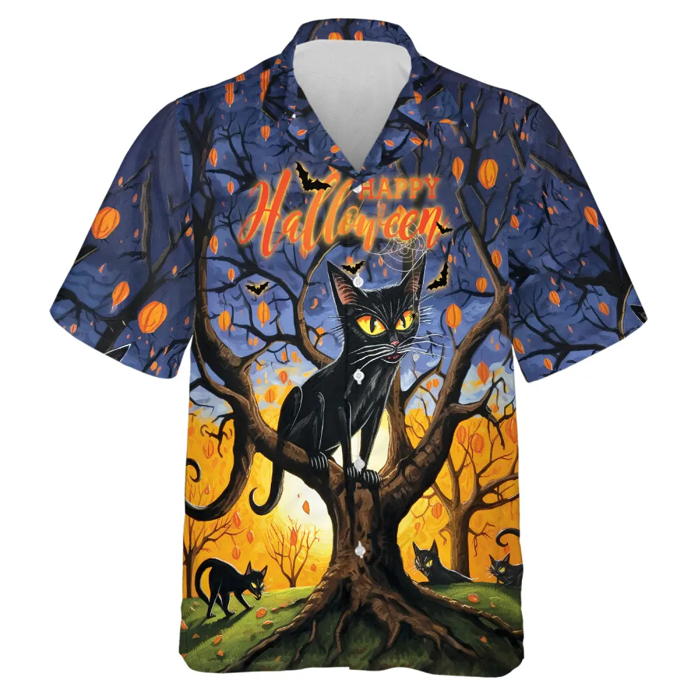 Horror Black Cat Sitting On Tree Hawaiian Shirt, Halloween Leafless Tree Aloha Unisex Shirts, Spooky Forest Designed Clothing, Everyday Wear