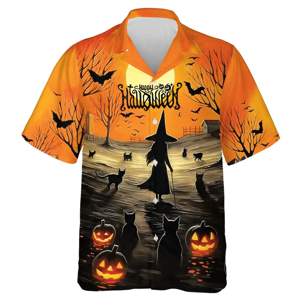 Sorcerer And Black Cats Guardian Men Hawaiian Shirt, Halloween Celebration Aloha Button Down Shirts, Scary Witch And Smiling Sculptured Pumpkin Shirt