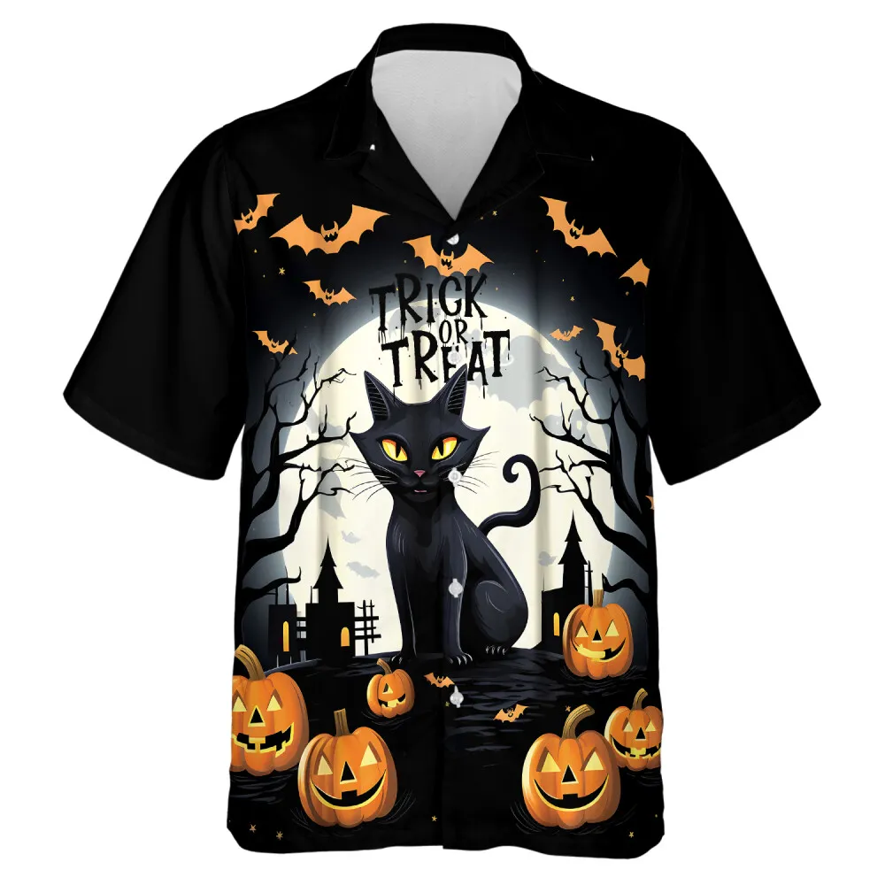 Yellow Eyed Black Cat Among Bats Men Hawaii Shirt, Halloween Sparking Moonlight Aloha Button Down Shirts, Spooky Sculptured Pumpkin.
