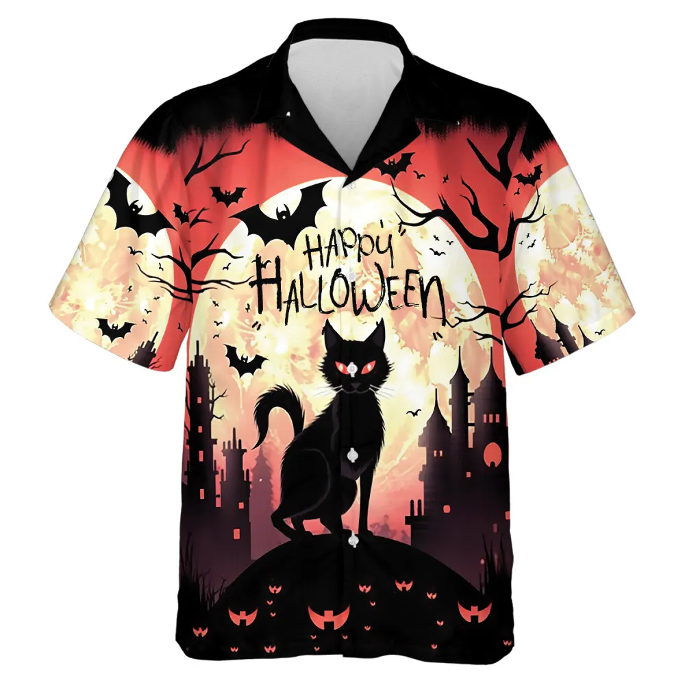 Red Eyed Black Cat In The Moon Men Hawaiian Shirt, Halloween Horror Night Aloha Shirts, Spooky Witch House With Bats Short Sleeves