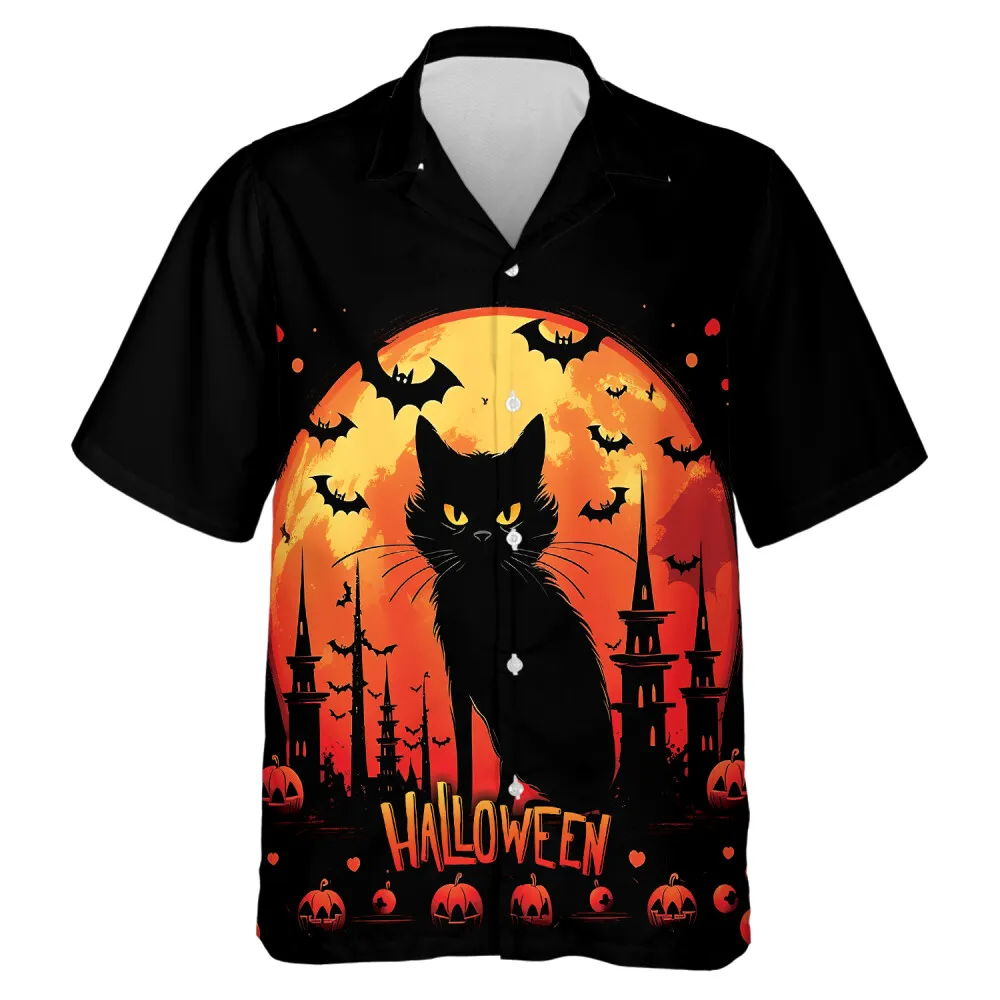 Yellow Eyed Black Cat In The Moon Men Hawaii Shirt, Halloween Orange Moonlight Aloha Button Down Shirts, Spooky Flying Bats In Forest Shirt.