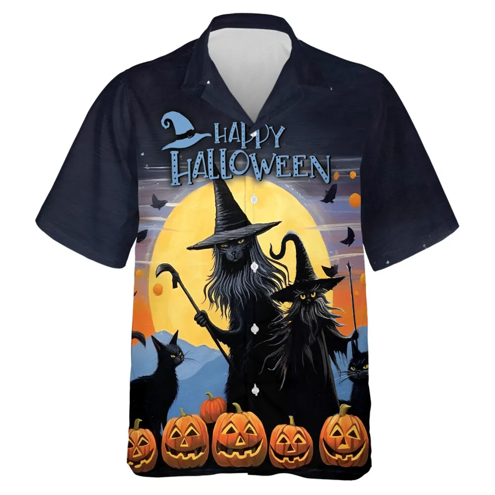 Black Witch And Haunted Cat Men Hawaiian Shirt, Smiling Halloween Pumpkin Aloha Button Down Shirts, Scary Sorcerers With Broomstick Design