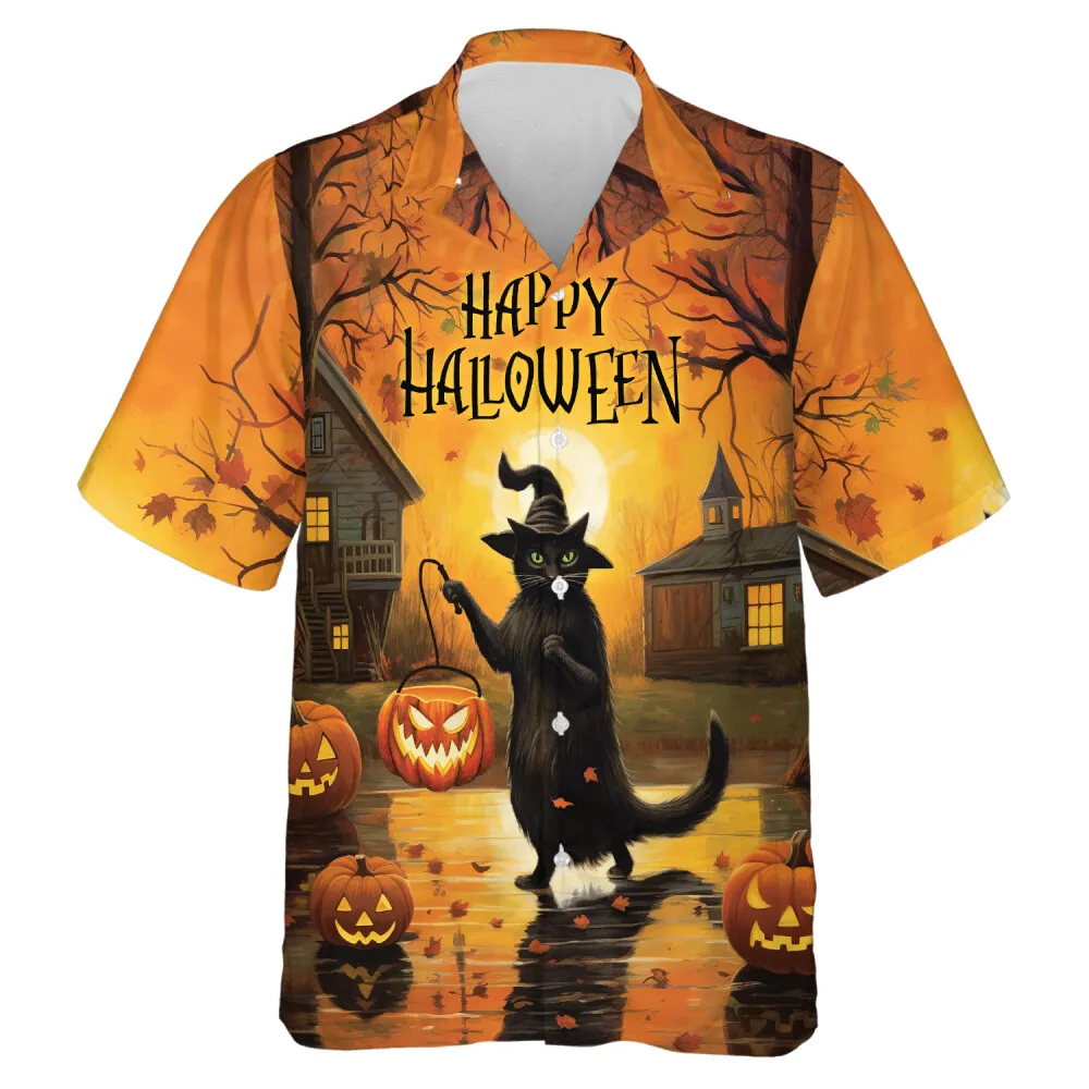 Black Cat Wearing Witch Hat With Pumpkin Lantern Men Hawaiian Shirt, Trick Or Treat Game Aloha Shirts, Wandering Cat In Forest Printed Shirt
