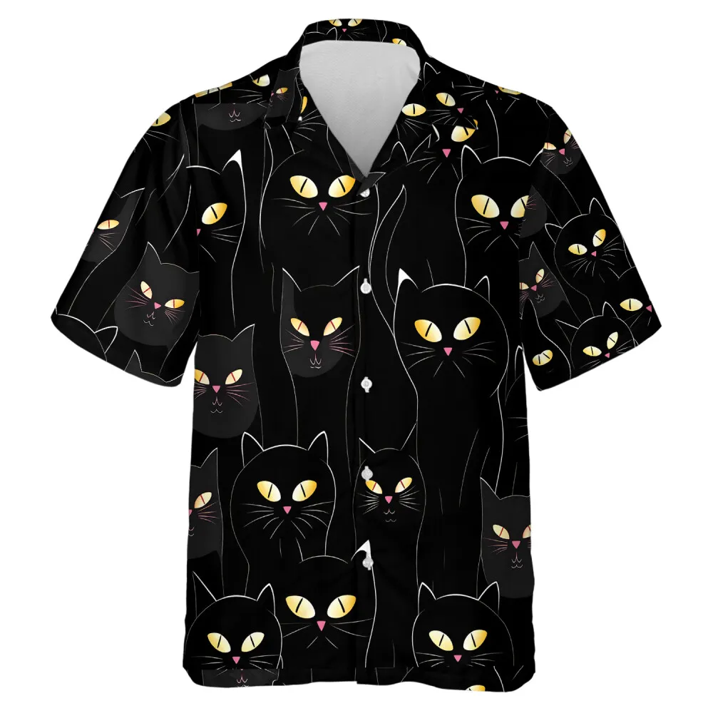 Spooky Yellow Eyes Black Cat Face Halloween Men Hawaiian Shirt, Cat House Halloween Aloha Button Down Shirts, Cat Lovers Gift, Peeking Eyes Design