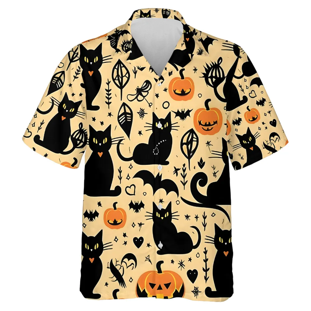 Black Cat In Nature Men Hawaiian Shirt , Cute Halloween Pumpkin Pattern Aloha Shirts, Nature Lover Clothing, Leaves Printed Shirt