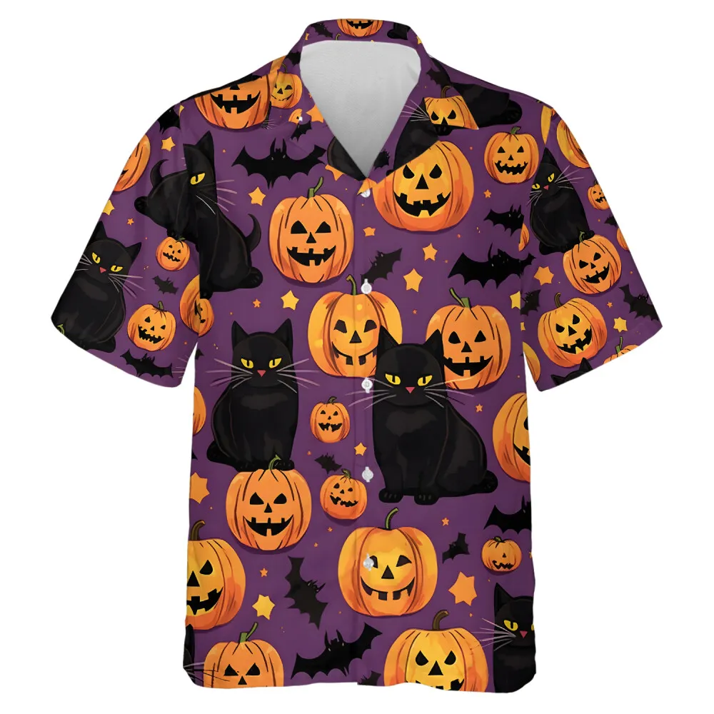 Halloween Spooky Cats Among Pumpkins Hawaiian Shirt, Fit Hawaii Shirt, Pumpkin 3d Printed Hawaiian Aloha Shirt, Short Sleeve Hawaii Shirt