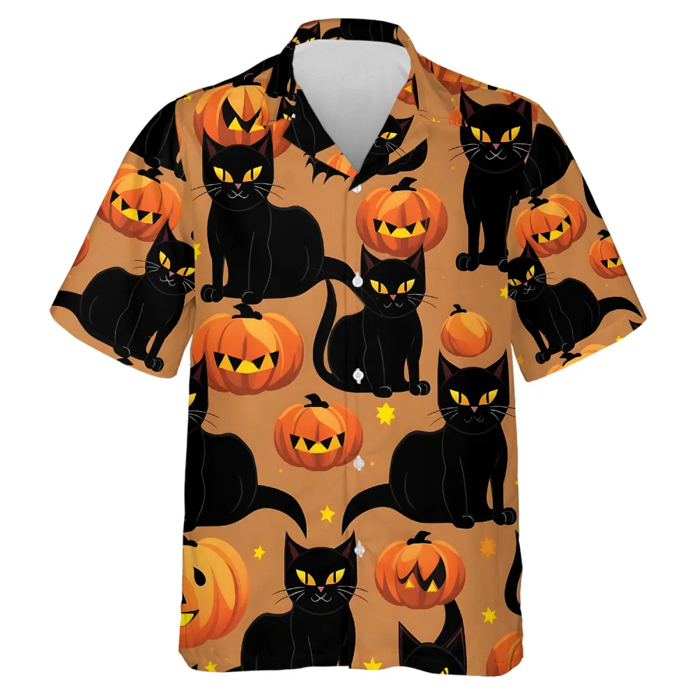 Vintage Halloween Scary Cats And Pumpkins Hawaii Beach Shirt, Cute Halloween Patterned Aloha Shirt, Casual Short Sleeves For Halloween Party