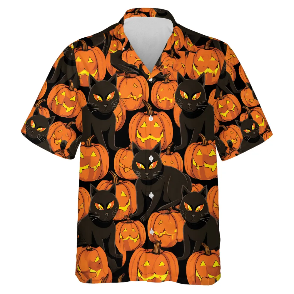 Scary Black Cat Family Hawaiian Beach Shirt, Pumpkin Pattern Aloha Beach Button Down Shirts, Halloween Holiday Tropical Pattern Shirt For Men Women