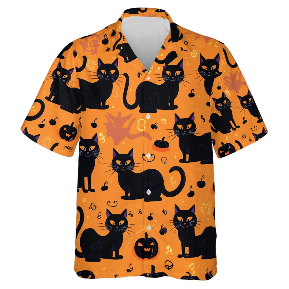 Smiling Black Cat In Halloween Men Hawaiian Shirt, Happy Halloween Aloha Shirts, Halloween Party Matching Shirts For Men, Women & Kids