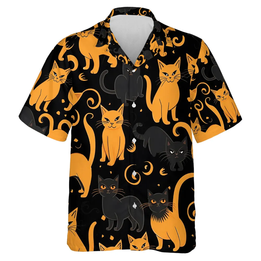 Sarcastic Cat Unisex Hawaiian Shirt, Halloween Black And Orange Kitten Casual Aloha Shirts, Smiling Cat Printed Shirt For Family Party