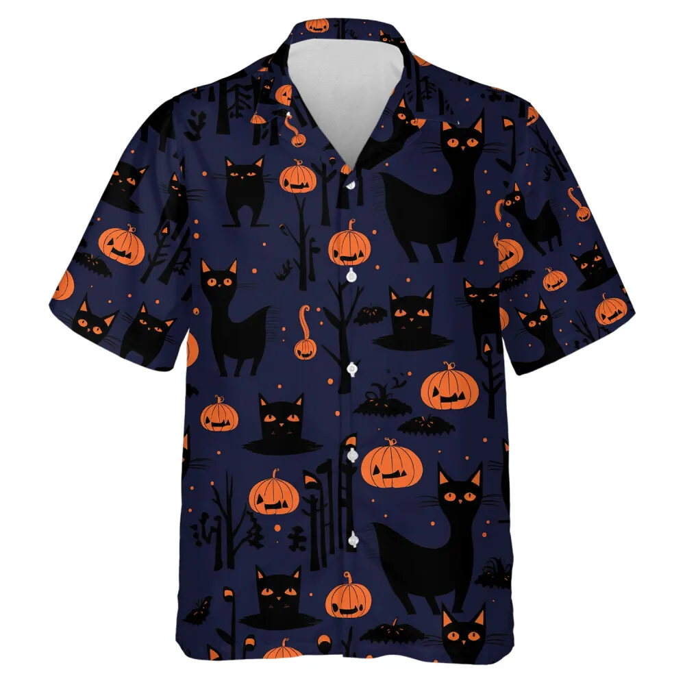 Random Black Cat Shape Unisex Hawaiian Shirt, Cute Halloween Pumpkin Pattern Aloha Shirts, Halloween Party Matching Shirts For Men, Women & Kids