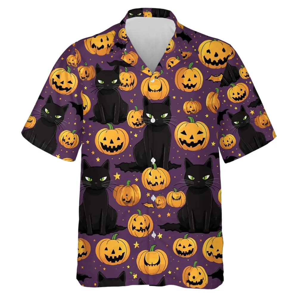 Scary Noir Cat Family Hawaiian Beach Shirt, Spooky Sculptured Pumpkin Aloha Beach Button Down Shirts, Halloween Holiday Multiple Pattern Shirt