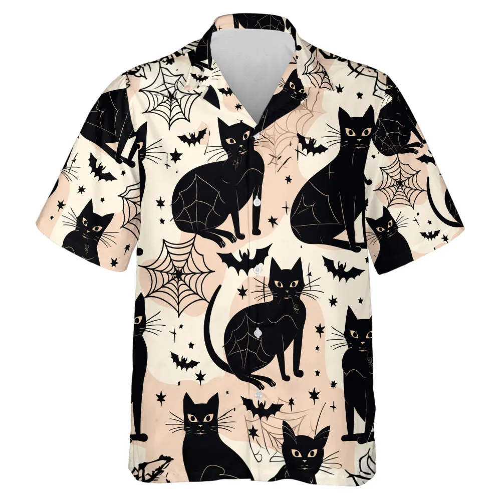 Spooky Spider Web And Black Cat Halloween Hawaii Shirt, Black And White Aloha Shirt For Summer, Mens Beach Shirt, Mens Patterned Clothing