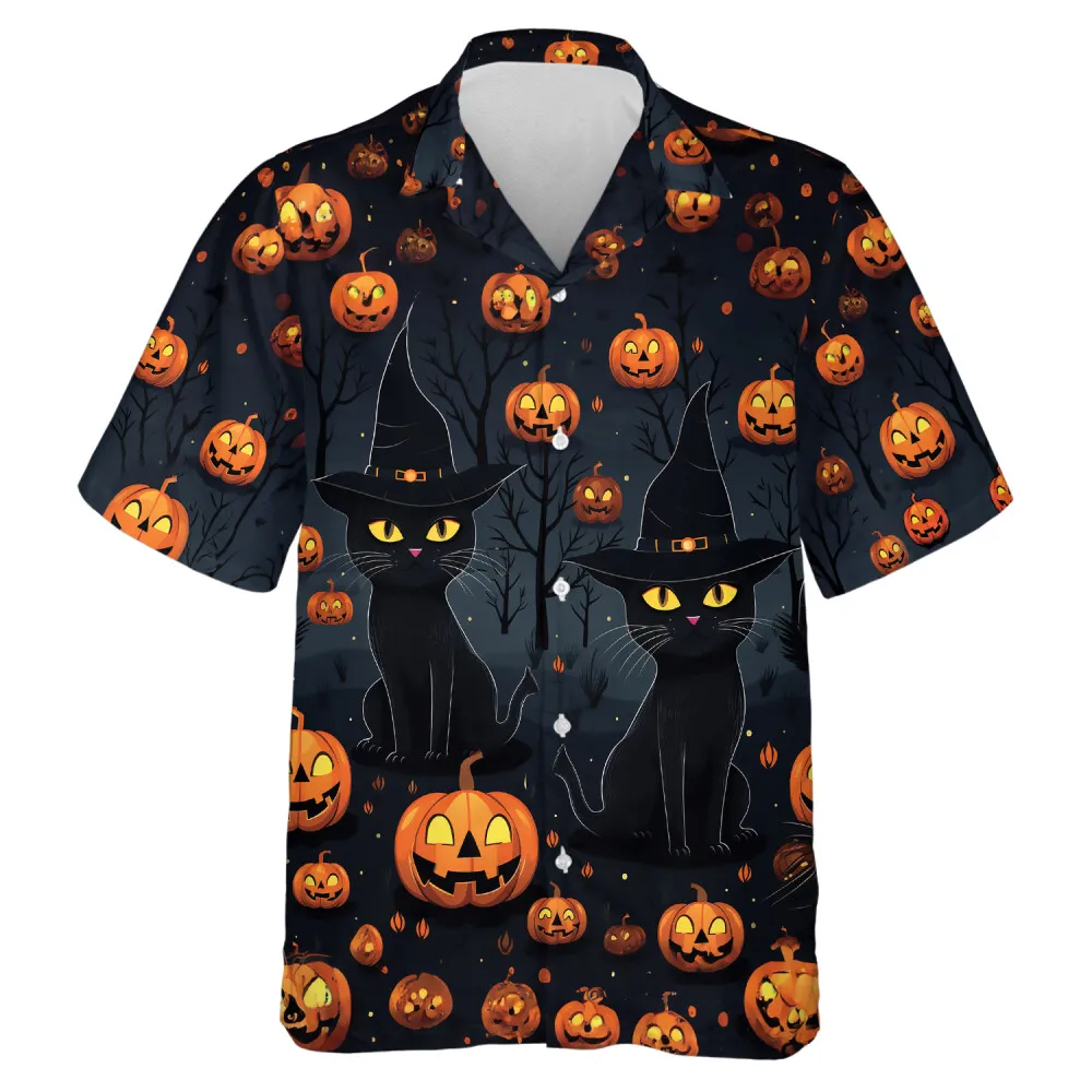 Black Cats Wear Witch Hat In Spooky Pumpkin Forest Hawaiian Shirt, Halloween Aloha Beach Button Down Shirts, Scary Pumpkin Halloween Clothing