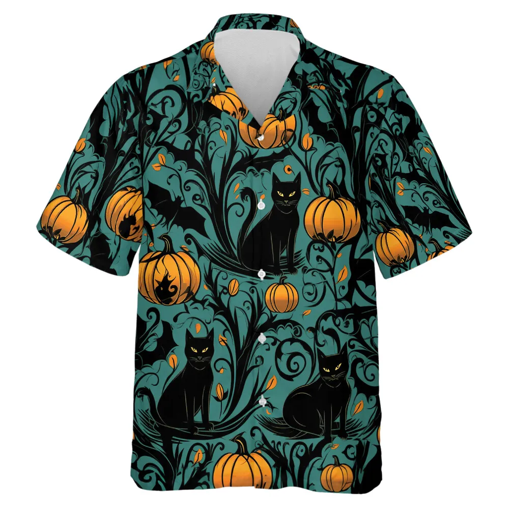Black Cat In Pumpkin Tree Men Hawaiian Shirt, Halloween Night Aloha Beach Button Down Shirts, Spooky V-neck Mens Shirt, Casual Clothing