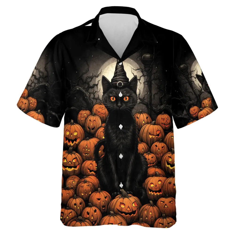 Sculptured Pumpkin And Black Cat Unisex Hawaii Shirt, Halloween Moonlight Aloha Beach Shirts, Mens Button Down Shirt, Everyday Wear