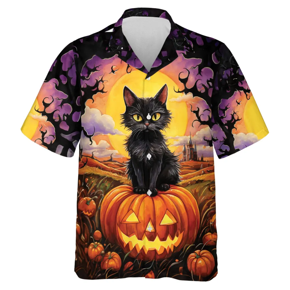 Scary Cat Standing On Pumpkin Men Hawaiian Shirt, Halloween Nightfall Aloha Beach Button Down Shirts, Branch Patterned Shirt, Casual Clothing
