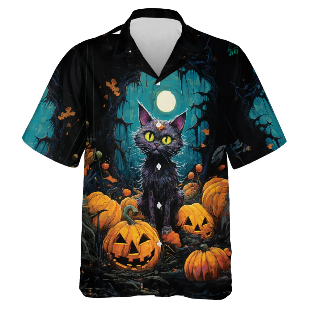 Cute Black Cat Halloween Men Hawaiian Shirt, Halloween Forest Aloha Beach Button Down Shirts, Spooky Pumpkin Halloween Hawaii Shirt