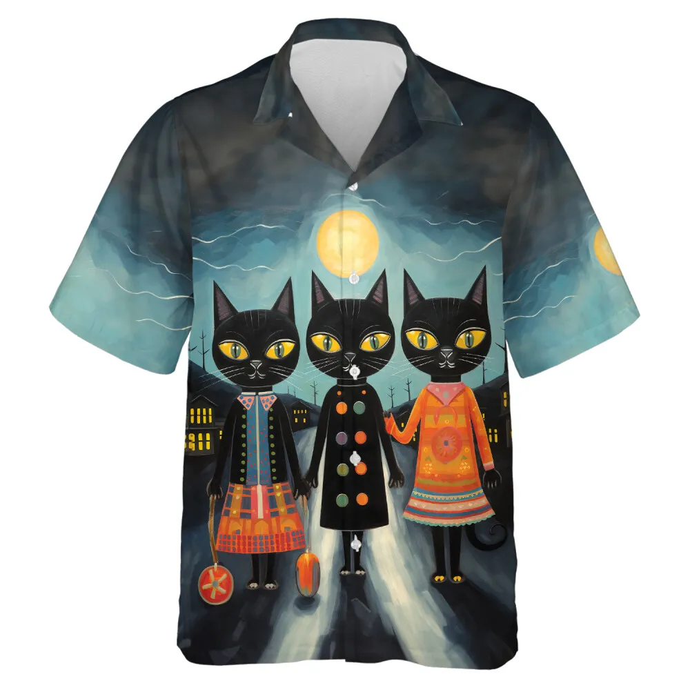 Impersonated Black Cat Wear Dress Men Hawaiian Shirt, Scary Halloween Moon Aloha Beach Button Down Shirts, Mens Casual Wear, Halloween Clothing