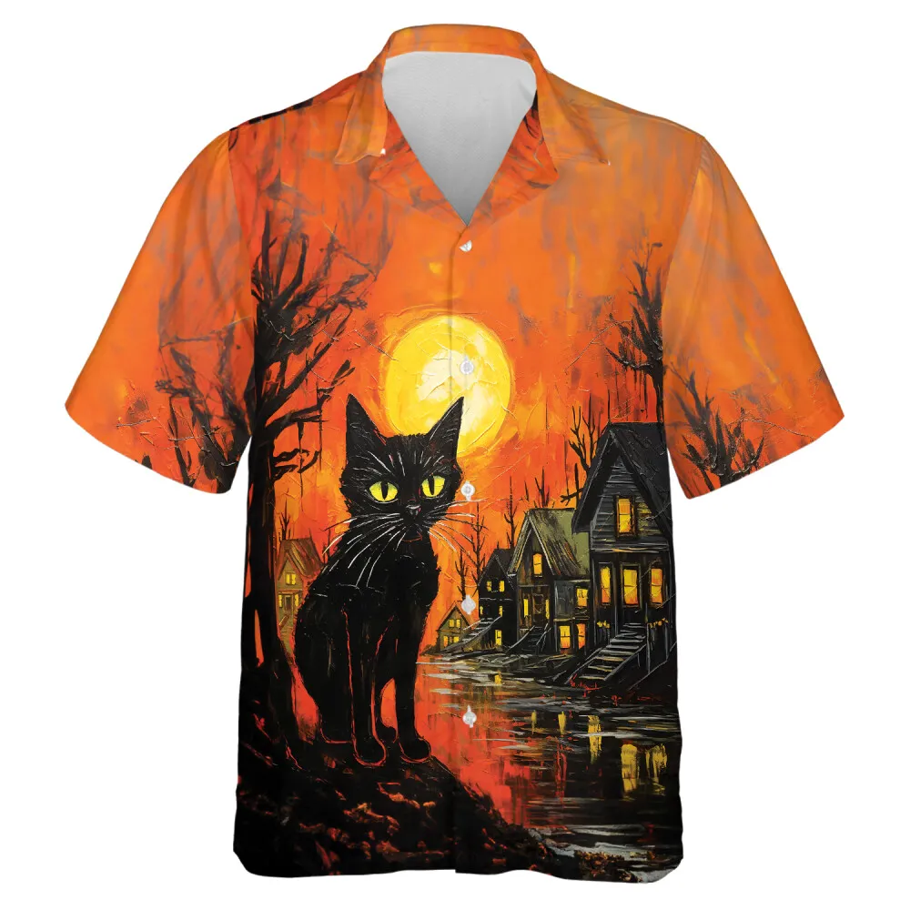 Black Cat Men Hawaiian Shirt, Halloween Night Party Aloha Beach Button Down Shirts, Group Clothing, Moonlight Halloween Men Hawaii Shirt