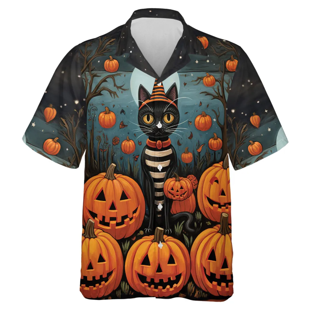 Black Cat Wears Knitted Top Men Hawaiian Shirt, Spooky Sculptured Pumpkin Pattern Aloha Beach Shirts, Halloween Button Down Shirt