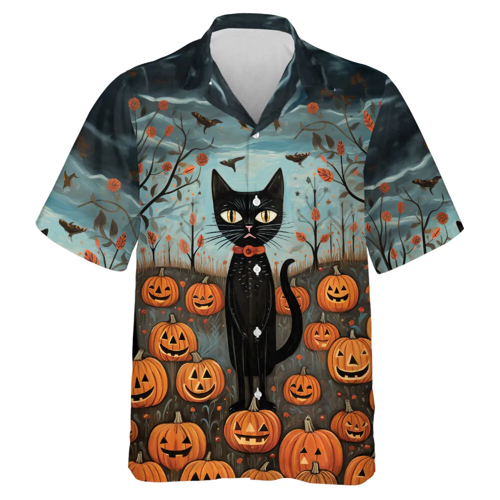 Scary Standing Black Cat Wide Opened Eyes Men Hawaiian Shirt, Pumpkin Forest Halloween Aloha Beach Button Down Shirts, Spooky Halloween Clothing