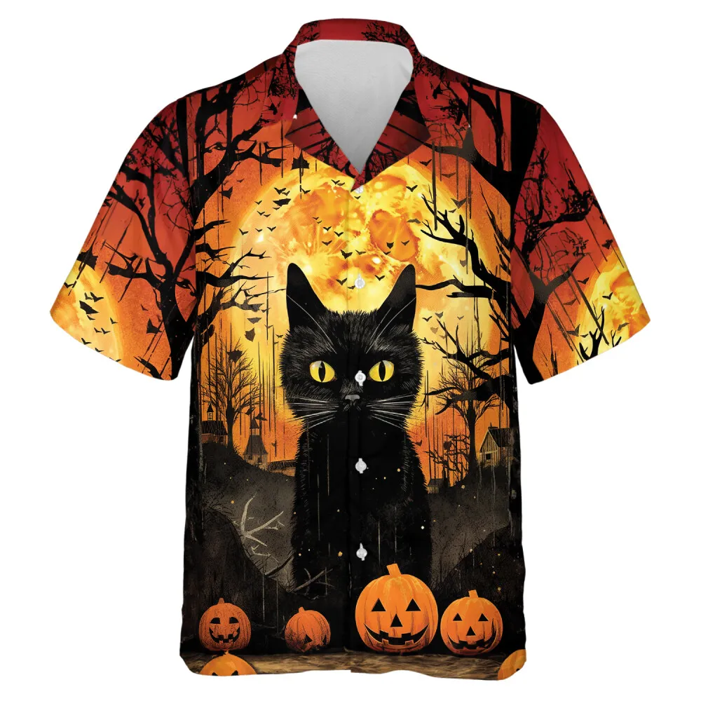 Spooky Black Cat Men Hawaiian Shirt, Happy Halloween Holiday Aloha Beach Button Down Shirts, Casual V-neck Mens Casual Wear