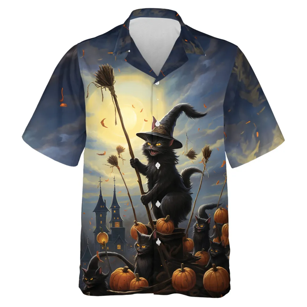Funny Black Cat And Wand Men Hawaiian Shirt, Halloween Vibe Beach Button Down Shirts, Magical V-neck Casual Clothing, Family Wear