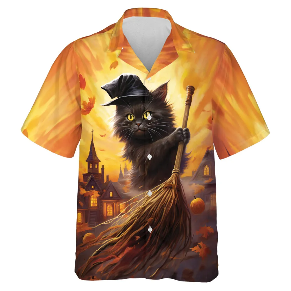 Grumpy Black Cat Rides Broomstick Men Hawaiian Shirt, Halloween Witch Night Aloha Beach Button Down Shirts, Moonlight Castle Shirt, Casual Mens Wear