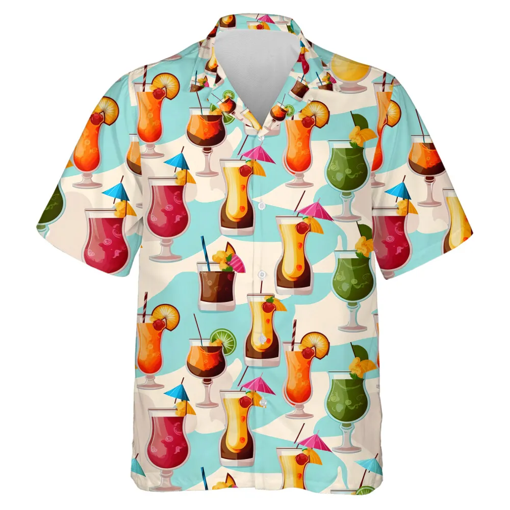Fruity Cocktail Hawaii Shirt, Drinks Printed Male Clothing, Aloha Streetwear Shirt, Vintage Hip-hop Lapel Button Tops, Dad Shirt