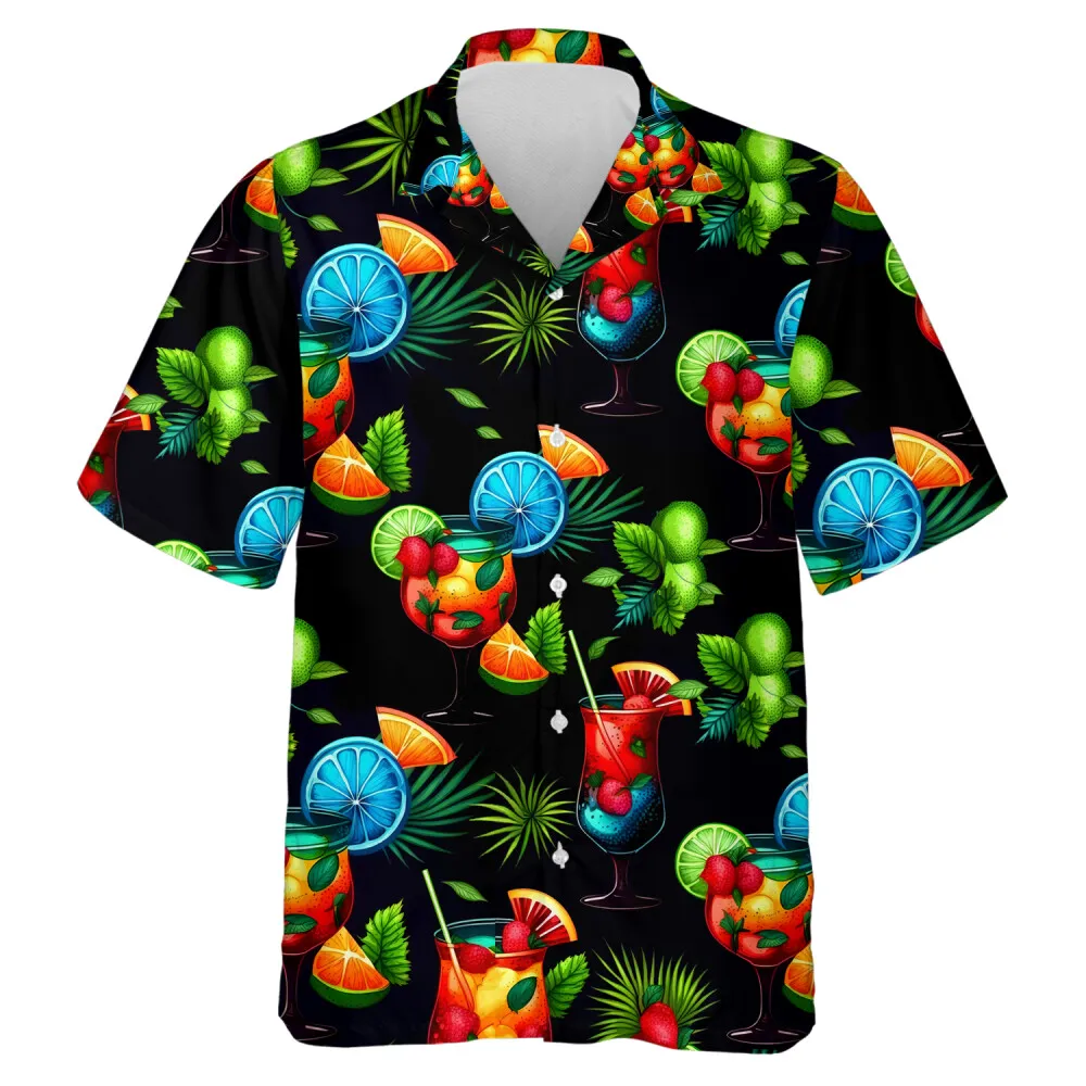 Cocktail Drink Men Hawaiian Shirt, Short Sleeve Summer Beach Shirt, Tropical Aloha Button Down Short Sleeves, Lemonade Strawberry Soda