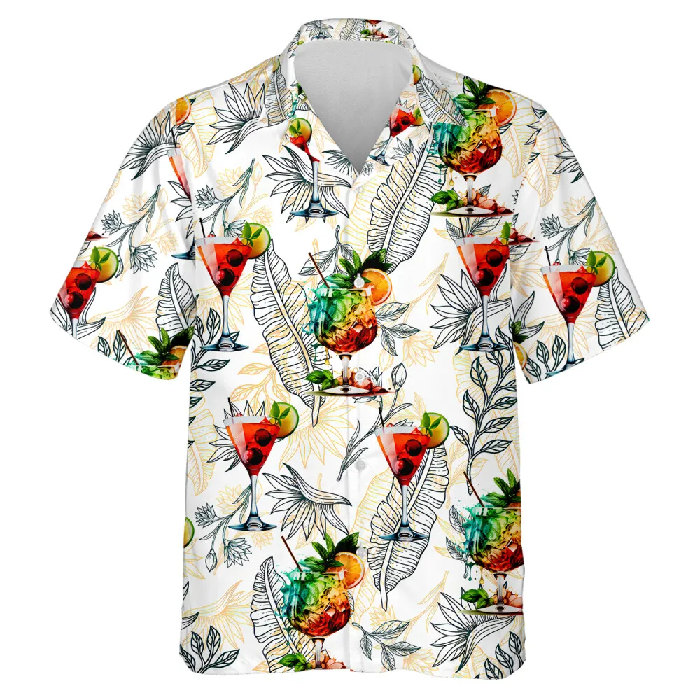 Colorful Cocktail Unisex Hawaii Shirt, Tropical Leaves Aloha Button Down Shirts, Vacation Family Clothing, Summer Trip Gift, Tropical Hawaiian Shirt