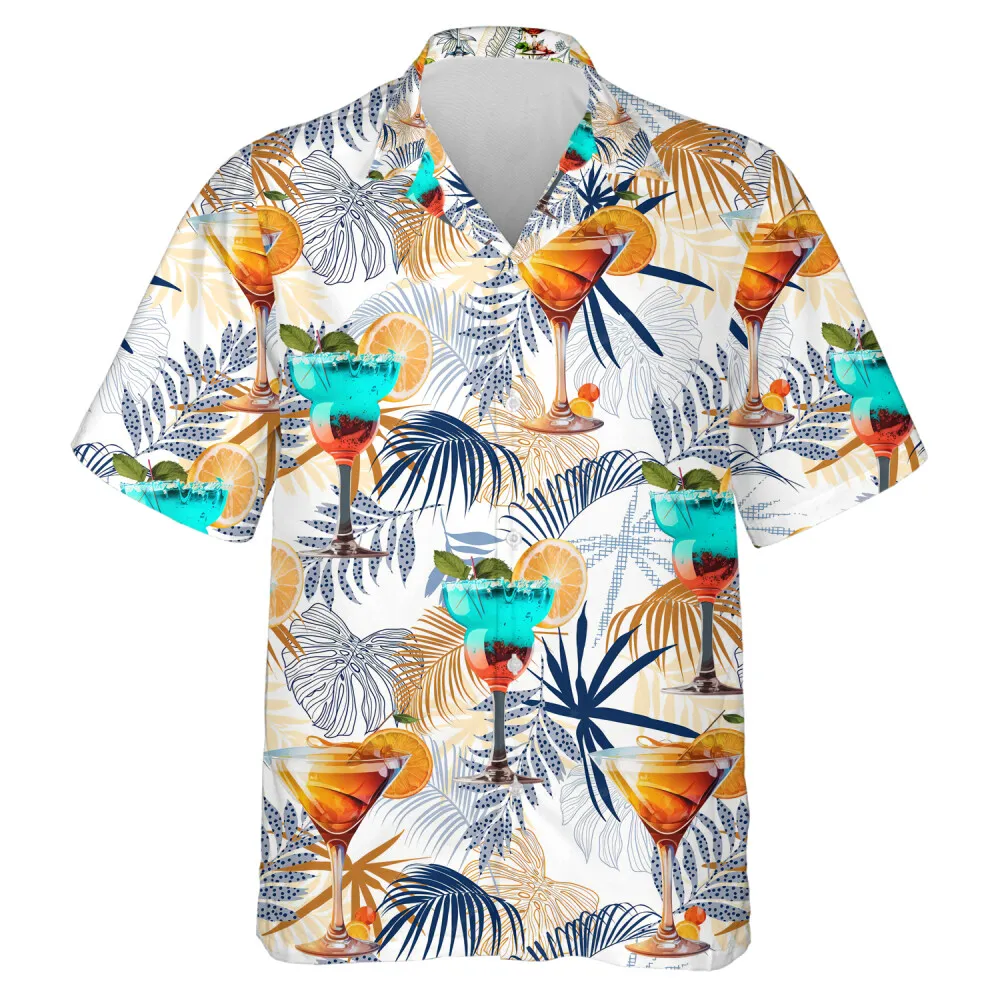 Rainbow Cocktail Unisex Hawaiian Shirt, Tropical Leaves Aloha Button Down Shirts, Vacation Family Clothing, Summer Trip Gift, Holidays Hawaii Shirt