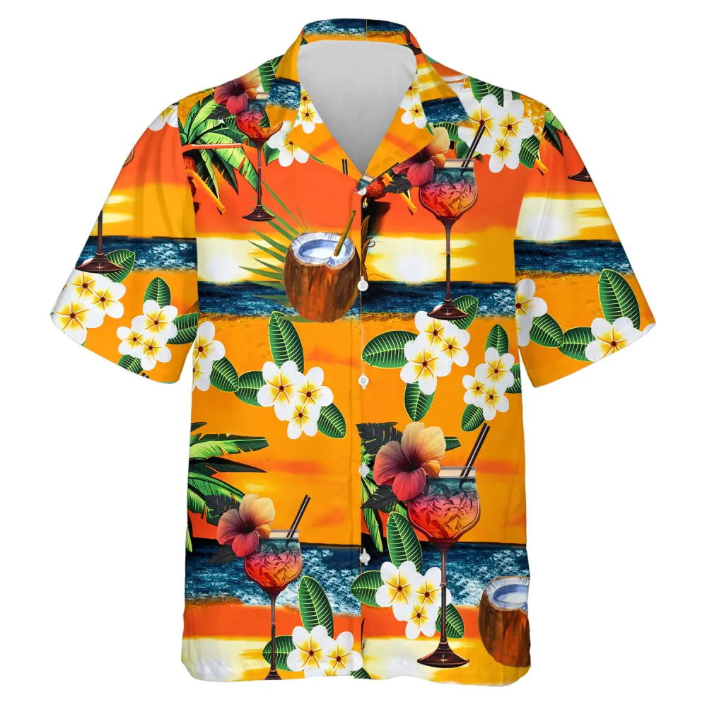 Seaside Cocktail Bar Unisex Hawaiian Shirt, Tropical Sunset Aloha Button Down Shirts, Mens Casual Wear, Comfy Relaxed Fit, Holidays Hawaii Shirt