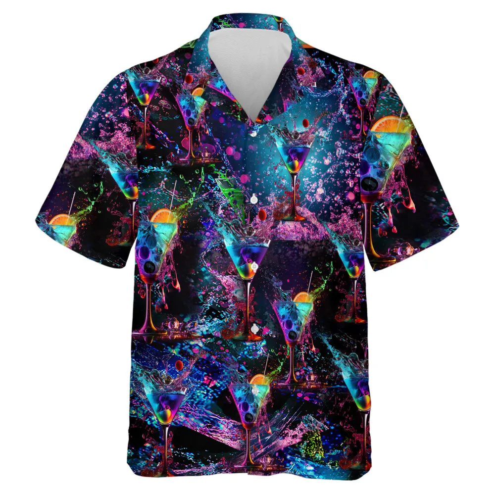 Sparkling Cocktail Hawaii Shirt, Hologram Printed Male Clothing, Aloha Streetwear Shirt, Vintage Hip-hop V-neck Button Tops, Dad Shirt