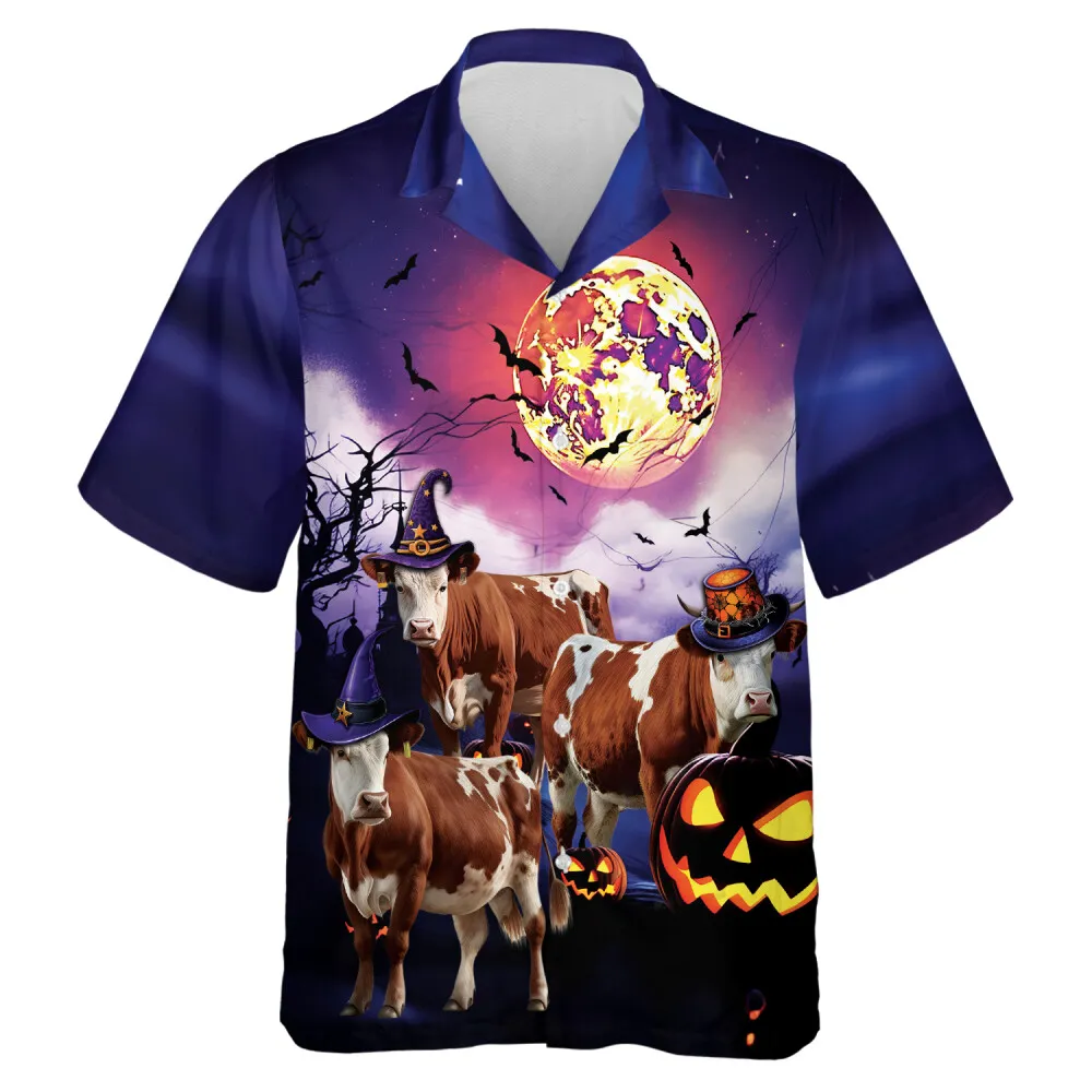 Cow Herd Printed Hawaiian Shirt, Halloween Night Aloha Beach Button Down Shirts, Scary Halloween Party Clothing, Custom Boyfriend Summer Shirt