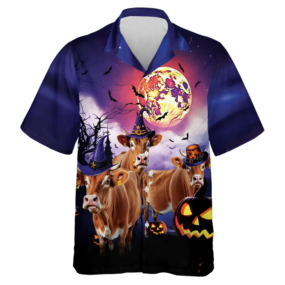 Cow Under Moonlight Men Hawaiian Shirt, Halloween Pumpkin Aloha Shirts, Dark Forest Patterned Top, 3d Hawaiian Aloha Shirt, Funny Hawaii Shirt