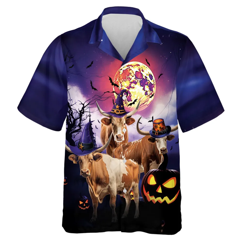 Texas Longhorn Cows Wear Witch Hat Hawaii Shirt, Spooky Pumpkin Halloween Aloha Beach Button Down Shirts, Summer Mens Hawaiian Shirt