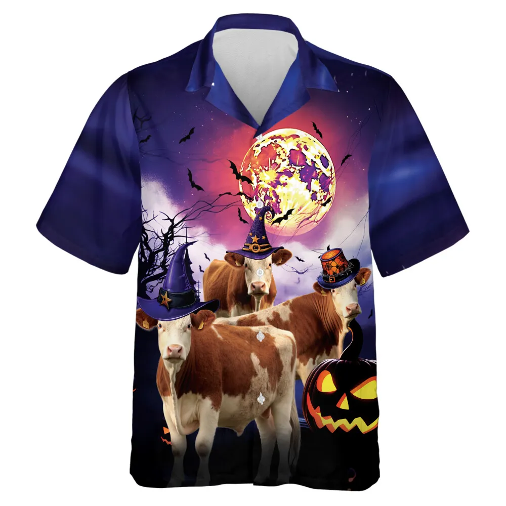 Simmental Cattle Men Hawaiian Shirt, Spooky Halloween Night Aloha Beach Button Down Shirts, Pumpkin Aloha Beach Clothing, Summer Mens Hawaiian Shirt