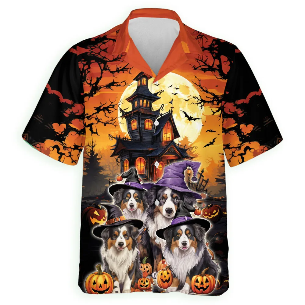 Australian Shepherd Unisex Hawaii Shirt, Scary Halloween Pumpkin Aloha Shirts, Animal Lover Button Down Shirt, Halloween Party Gift