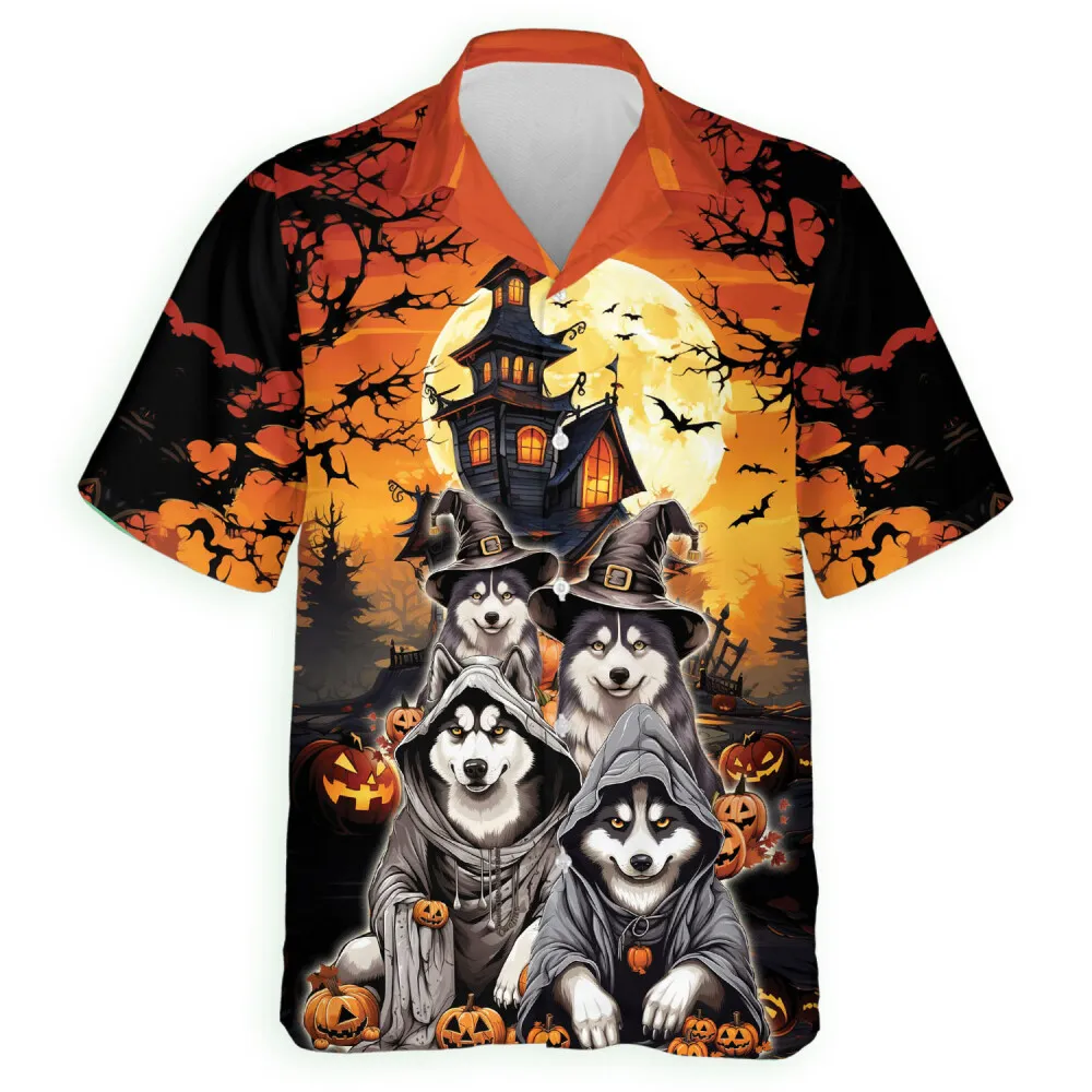 Halloween Siberian Husky Men Hawaiian Shirt, Animal Printed Aloha Beach Shirts, Halloween Button Down Top, Spooky Casual Clothing, Mens Wear