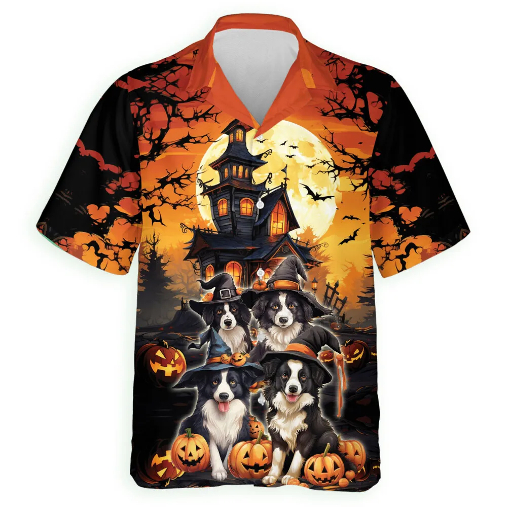 Halloween Border Collie Men Hawaiian Shirt, Dog Aloha Beach Button Down Shirts, Halloween Glowing Pumpkins By Night With Bat Hawaiian Shirt