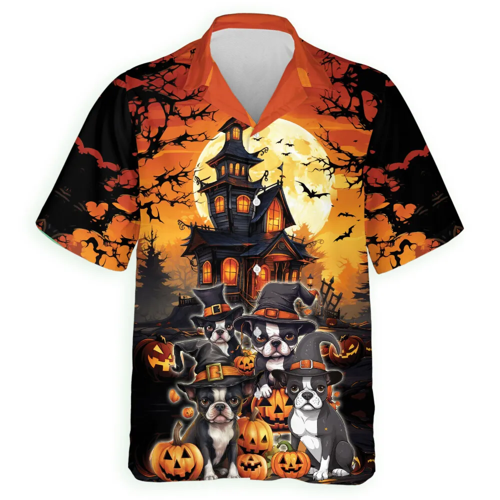 Halloween Boston Terrier Men Hawaiian Shirt, Dog Aloha Beach Button Down Shirts, Halloween Glowing Pumpkins By Night With Bat Hawaiian Shirt