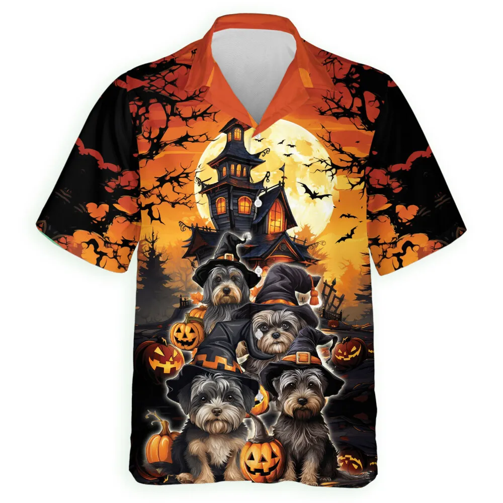 Halloween Cair Terrier Men Hawaiian Shirt, Dog Aloha Beach Button Down Shirts, Halloween Glowing Pumpkins Forest With Bat Hawaiian Shirt
